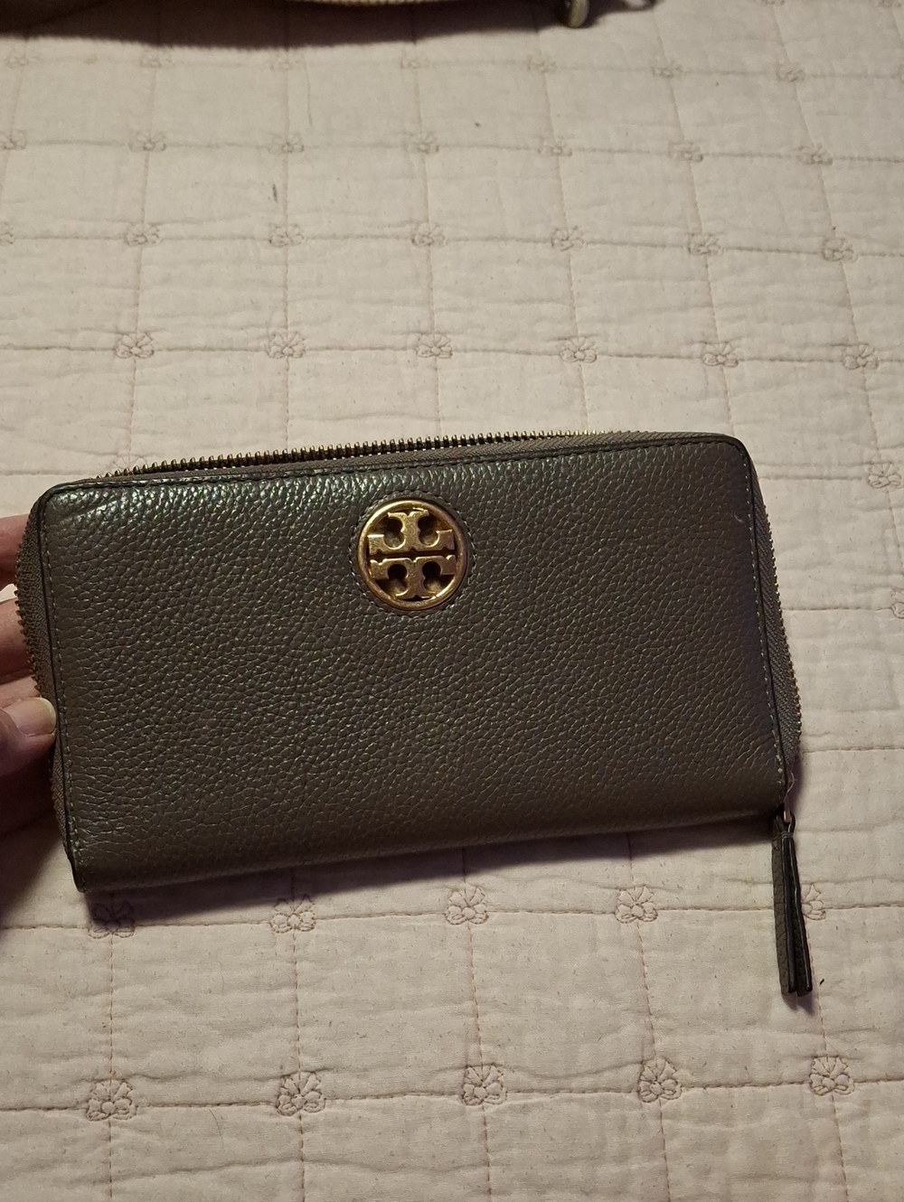Tory Burch Pebbled Leather Zip Wallet with Gold Logo
